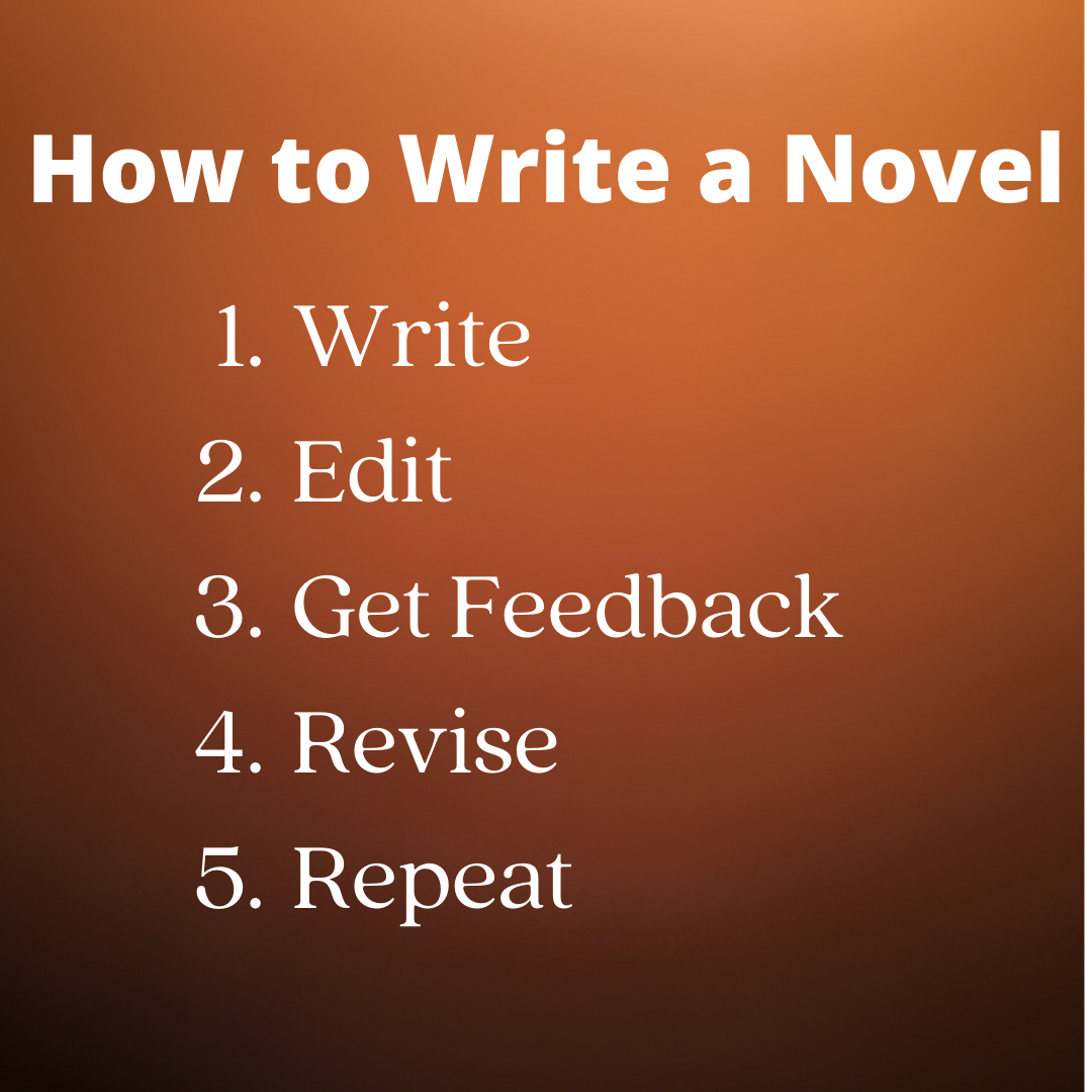 How to write a novel: 1) Write. 2) Edit. 3) Get Feedback. 4) Revise. 5) Repeat.